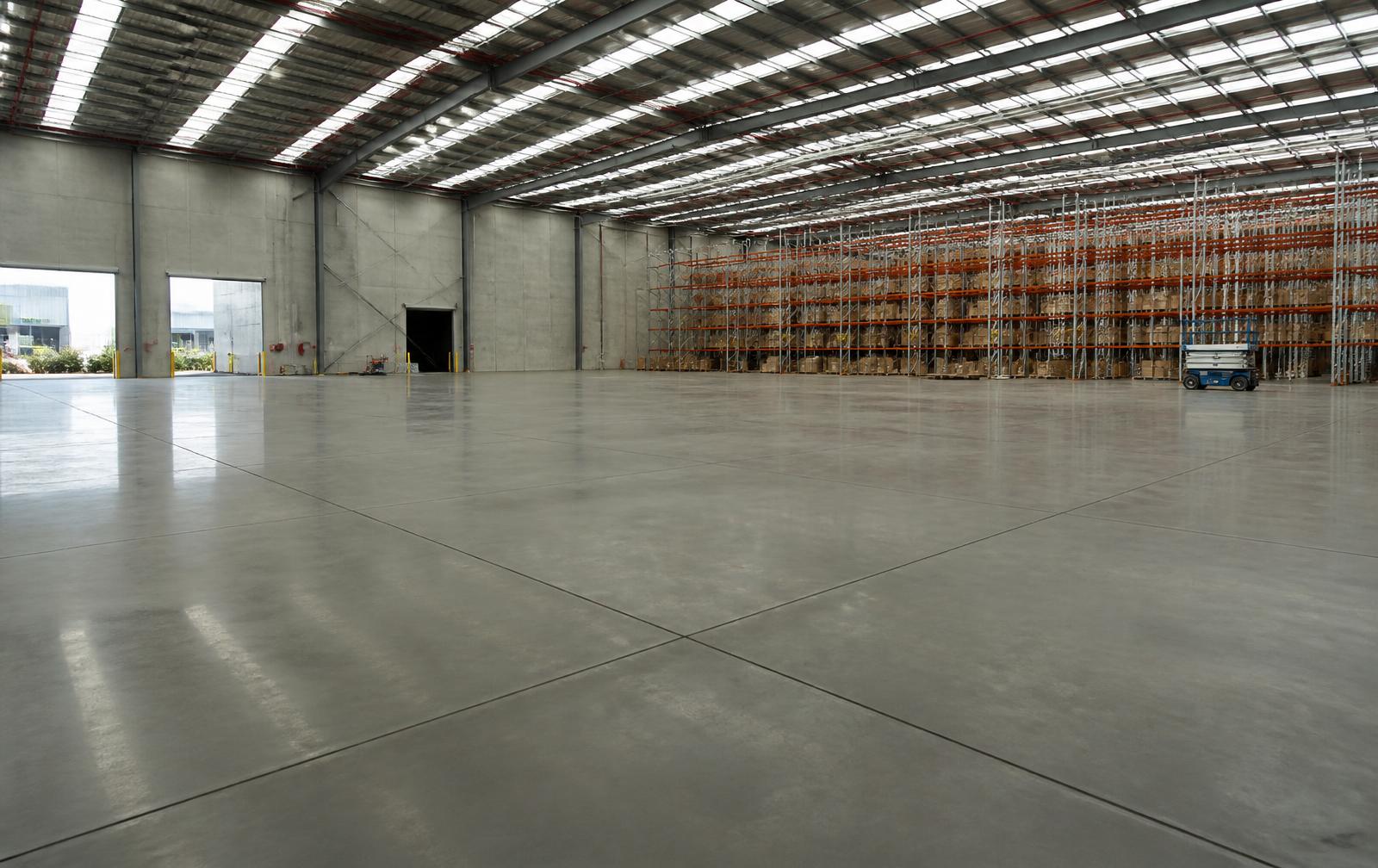 Large power-floated concrete warehouse slab inside a new industrial facility